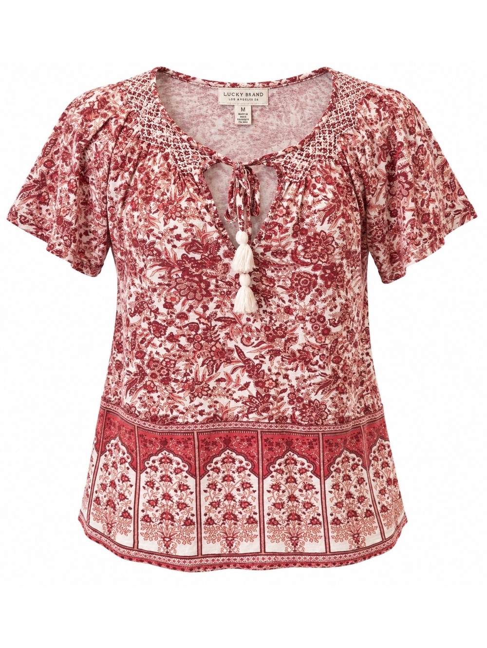 Lucky Brand Women’s M Red Floral Border Print Tassel Peasant Blouse Boho